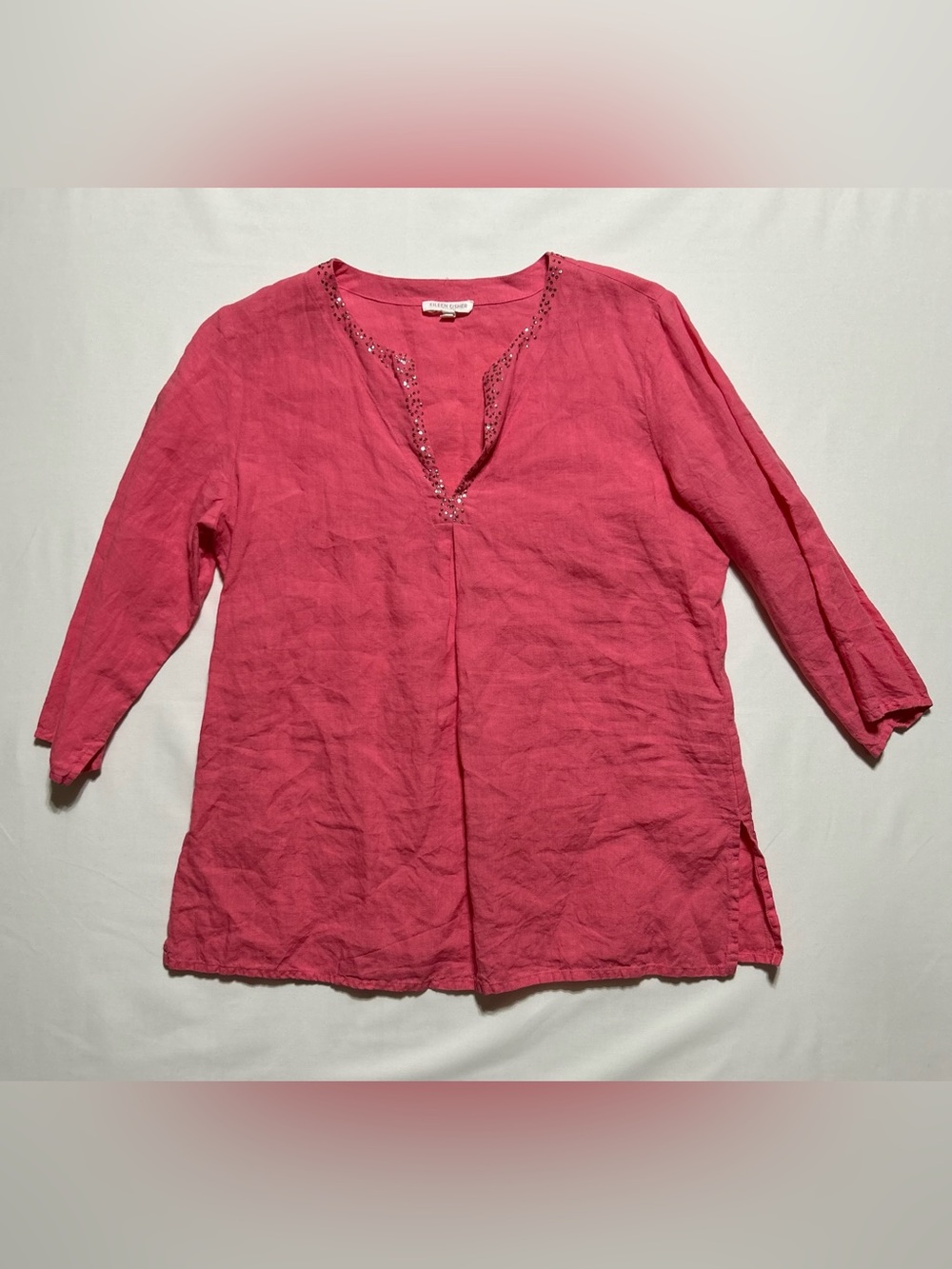 Eileen Fisher 3/4 Sleeve Top; Sequin Trimmed Neckline; Coral Pink; Linen; PM
